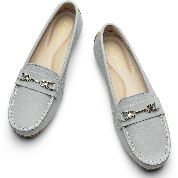 Kordal Women's Light Grey Leather Gold Accent Buckle Slip-Ons Walking Loafers - Picture 9 of 9